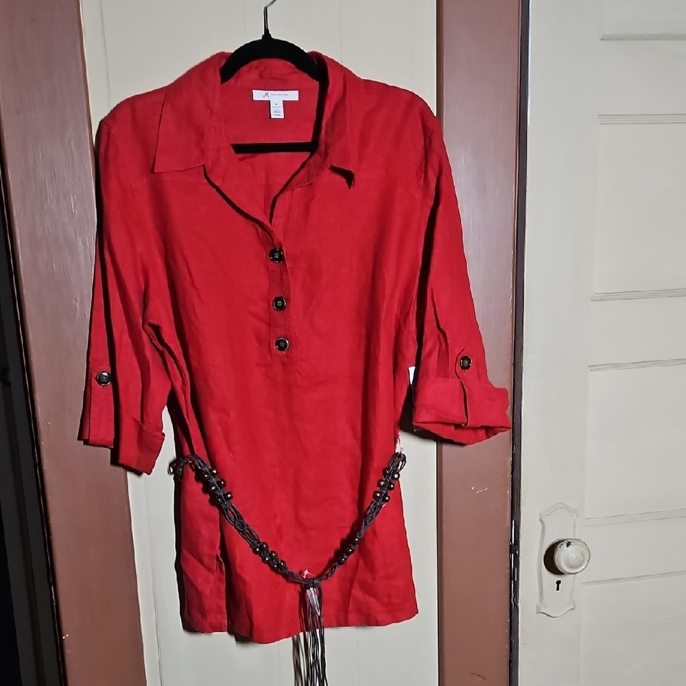 JM Collection Red Button-Up Blouse with Belt
